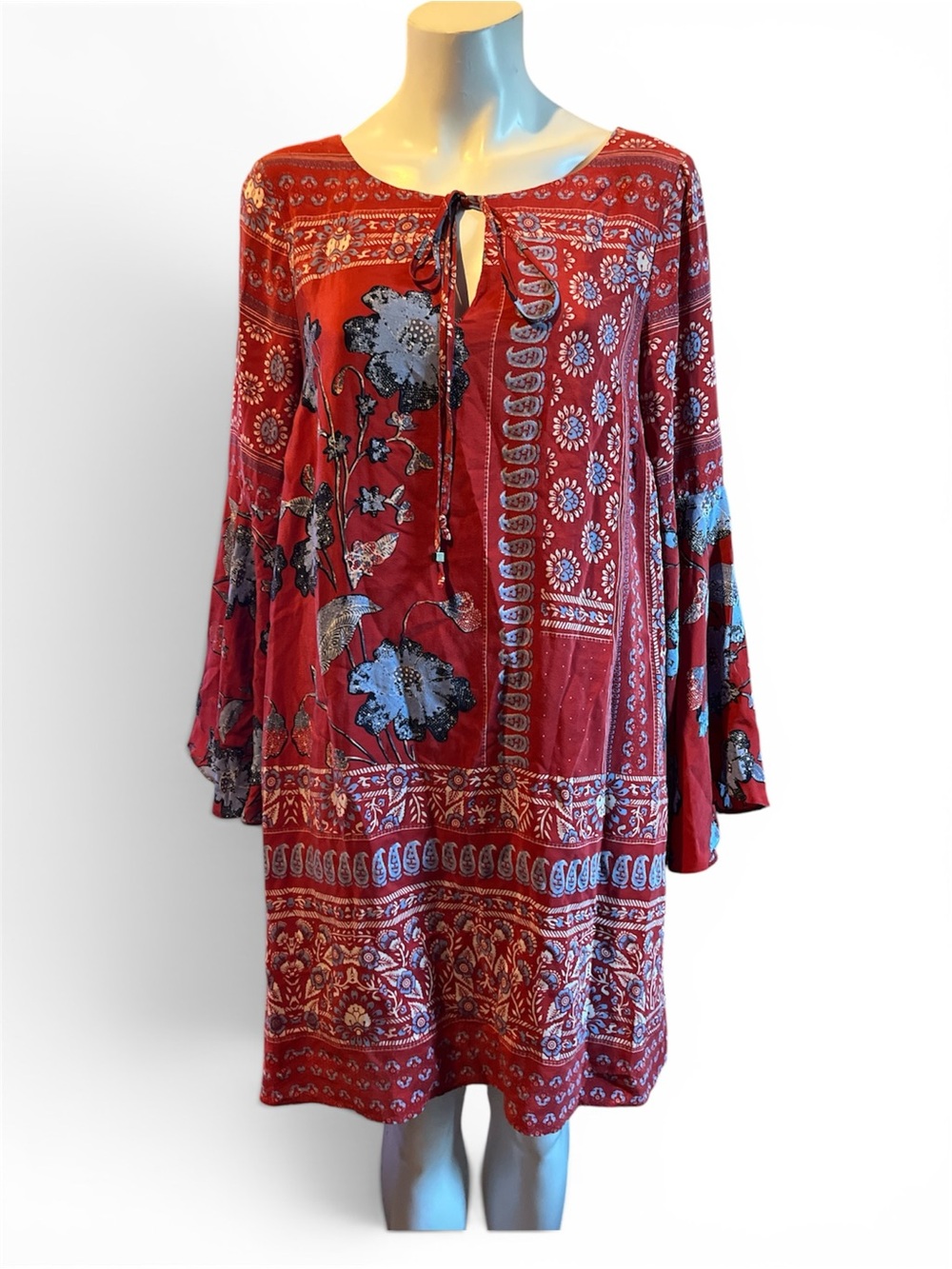Women's Red Boho Floral Tie-Neck Dress